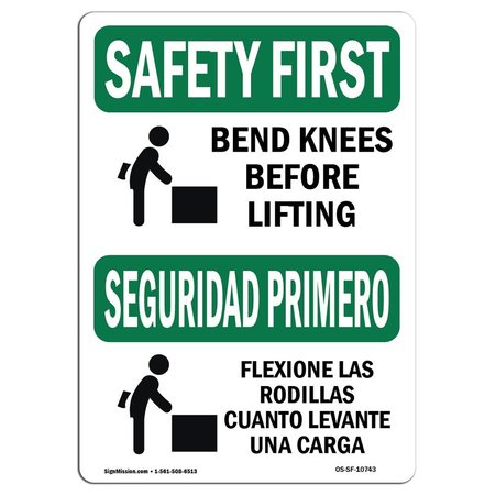 SIGNMISSION OSHA Sign, Bend Knees When Lifting Bilingual, 10in X 7in Aluminum, 7" W, 10" L, Landscape OS-SF-A-710-L-10743
